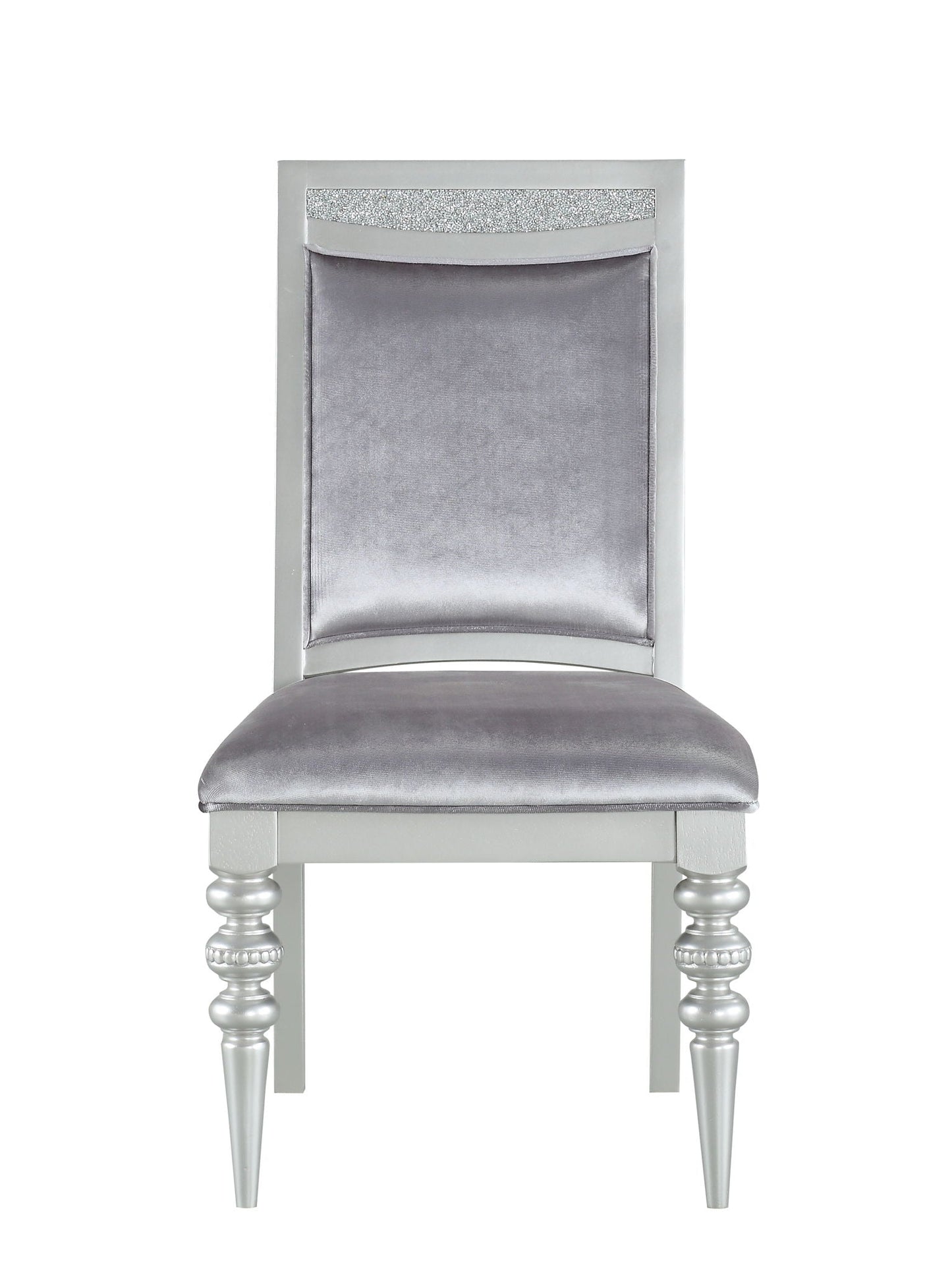 Maverick Side Chair set of 2 silver satin upholstery with crystal back trim and turned legs on Tampa Home & Garden Store