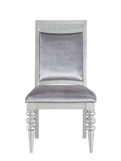 Maverick Side Chair set of 2 silver satin upholstery with crystal back trim and turned legs on Tampa Home & Garden Store