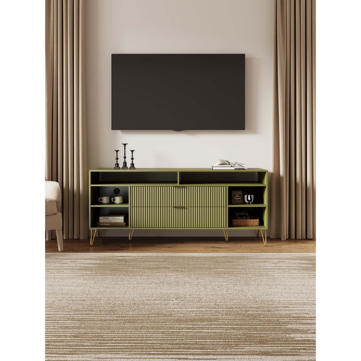 Fluted olive green TV stand with storage and gold metal legs under a wall-mounted TV on Tampa Home & Garden Store