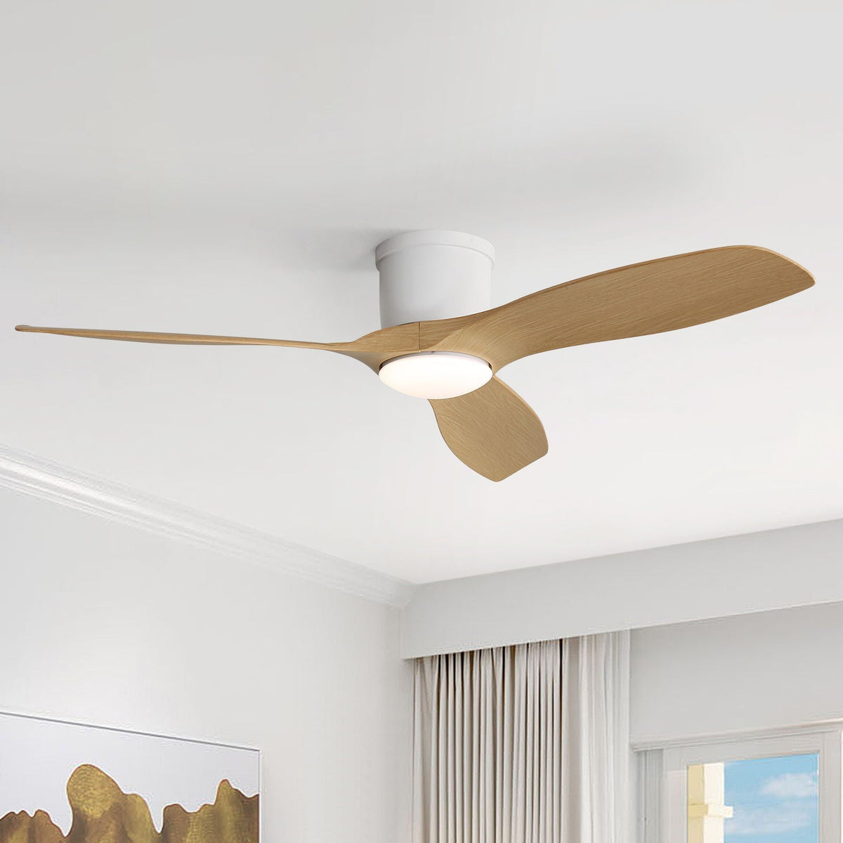 HouseOfZazla flush mount ceiling fan with dimmable LED light, white housing, 3 wood blades on Tampa Home & Garden Store