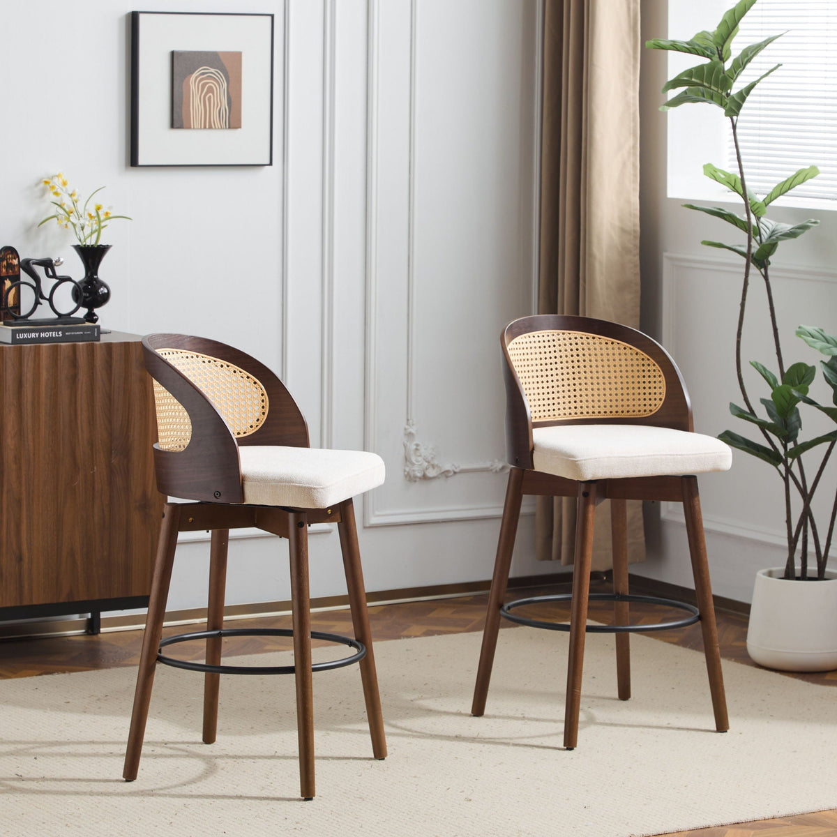 Como Indoor Wood Bar Stool set of 2 with rattan back and beige cushions HouseOfZazla on Tampa Home & Garden Store