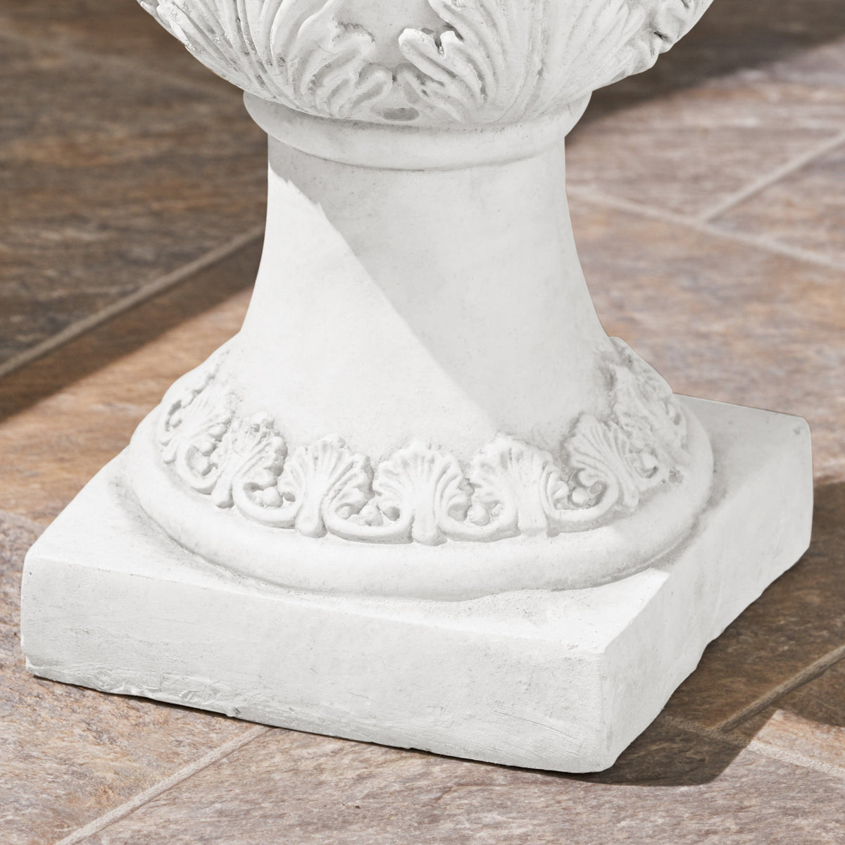 Roman style MGO garden urn planter, white ornate pedestal with leaf relief accents on Tampa Home & Garden Store