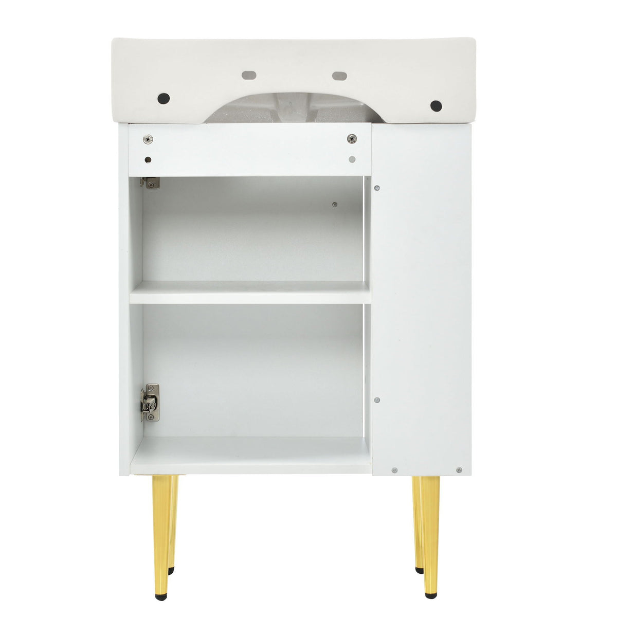 White bathroom vanity with single ceramic sink, side storage, yellow legs, HouseOfZazla on Tampa Home & Garden Store