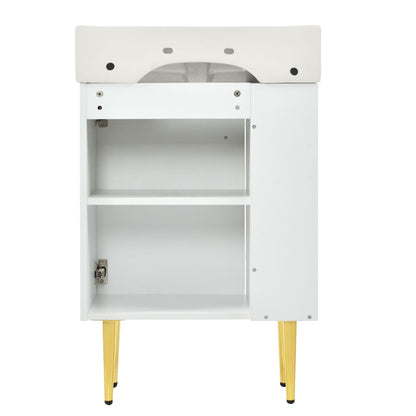 White bathroom vanity with single ceramic sink, side storage, yellow legs, HouseOfZazla on Tampa Home & Garden Store
