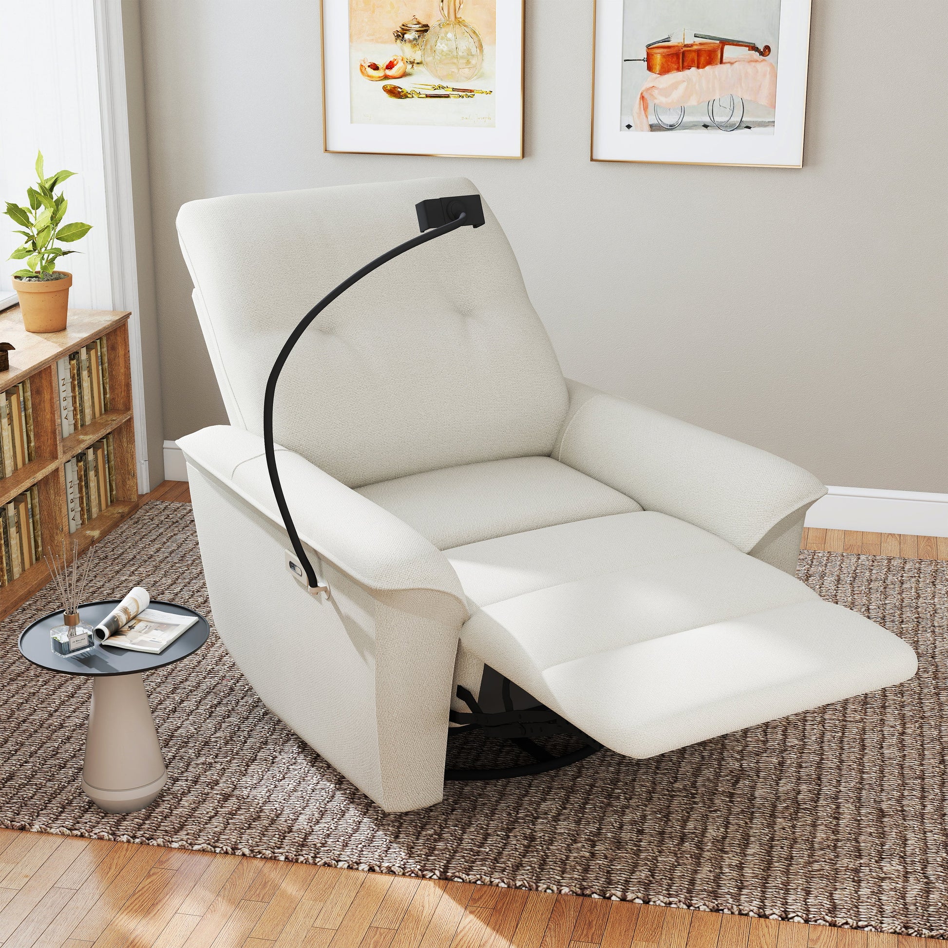 HouseOfZazla 270° Power Swivel Rocker Recliner Chair with Phone Holder in cream fabric on Tampa Home & Garden Store