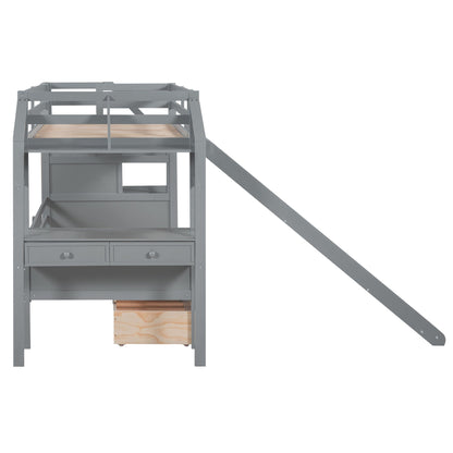 Bunk bed with storage stairs, slide, desk, drawers and shelves in gray by HouseOfZazla on Tampa Home & Garden Store