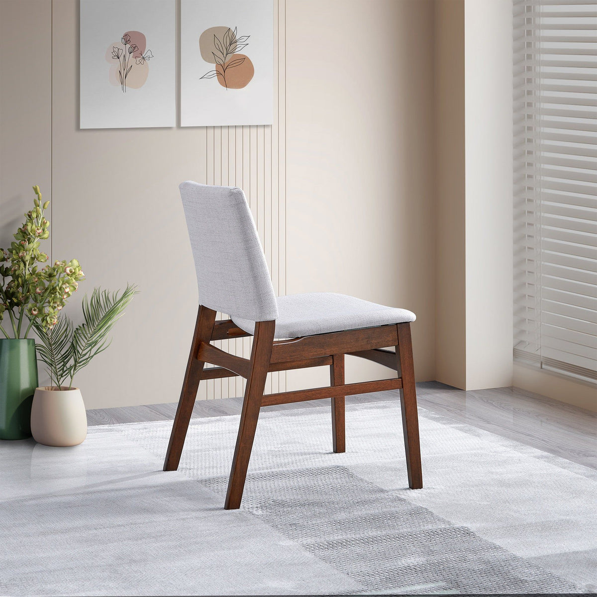 Brown dining chair with light gray fabric upholstery and a solid wood frame on Tampa Home & Garden Store