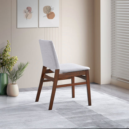 Brown dining chair with light gray fabric upholstery and a solid wood frame on Tampa Home & Garden Store