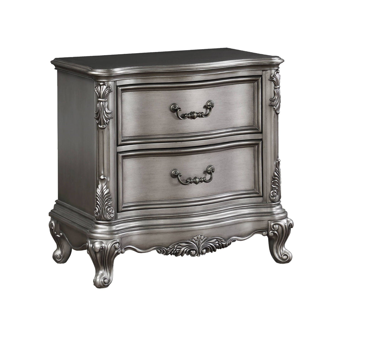 Ariadne Nightstand antique silver finish with ornate carved trim in traditional wood on Tampa Home & Garden Store