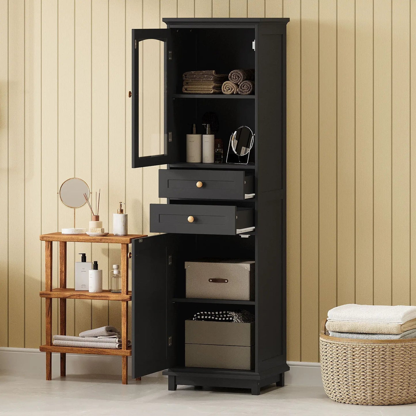 Tall Bathroom Storage Cabinet with Glass Doors