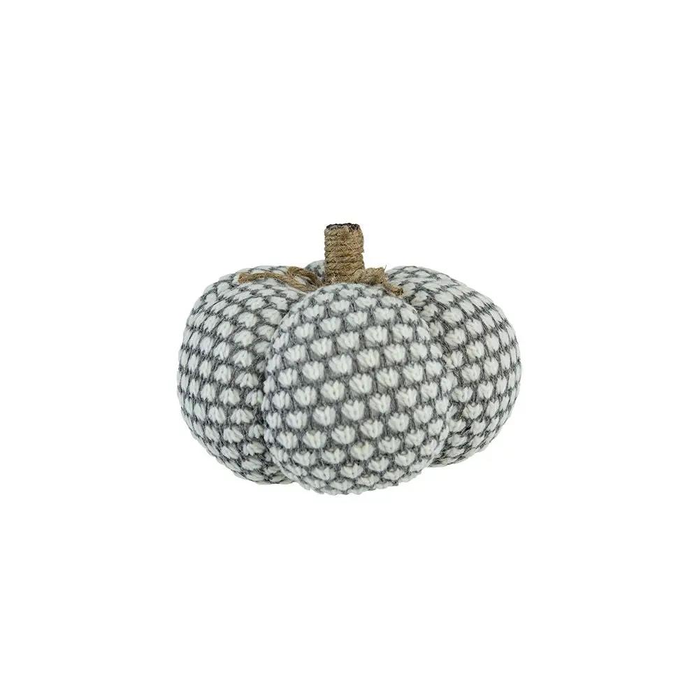 Knite pumpkin ornament decor knitted gray and white yarn with twine stem harvest sculpture on Tampa Home & Garden Store