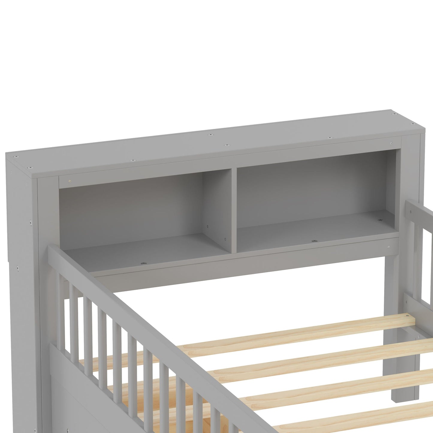 Bed with headboard storage rack, 2 under-bed drawers, 3 side guardrails, gray open cubbies on Tampa Home & Garden Store
