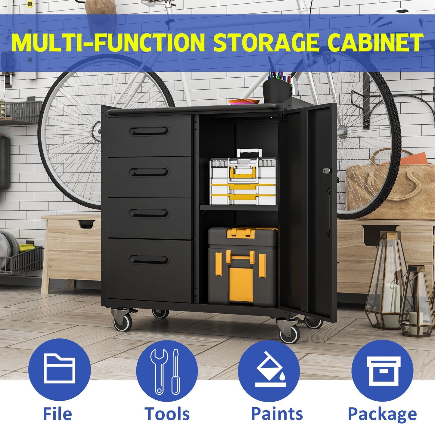 Sturdy black metal tool storage cabinet on wheels with several drawers and yellow organizers on Tampa Home & Garden Store