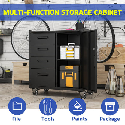 Sturdy black metal tool storage cabinet on wheels with several drawers and yellow organizers on Tampa Home & Garden Store