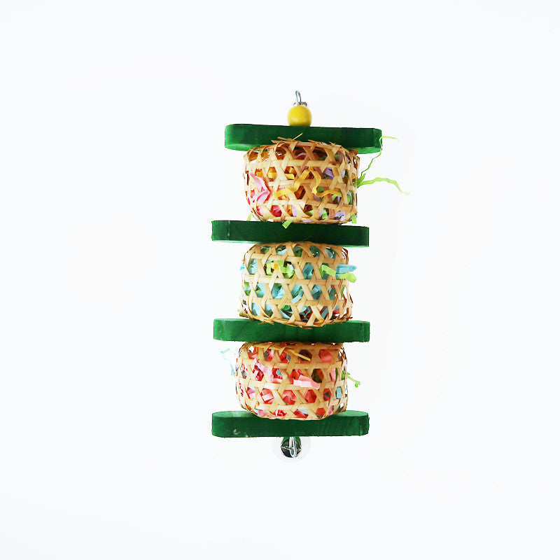 Parrot toy by Sell My Stuff: rattan woven skewers, paper and silk accents, 3-stack hanging on Tampa Home & Garden Store