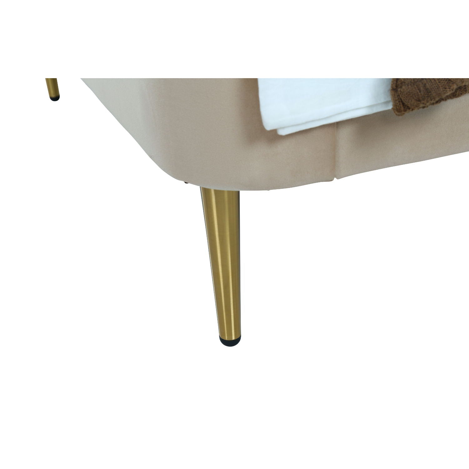 Mid-Century modern upholstered bed leg in beige fabric with gold tapered metal leg on Tampa Home & Garden Store