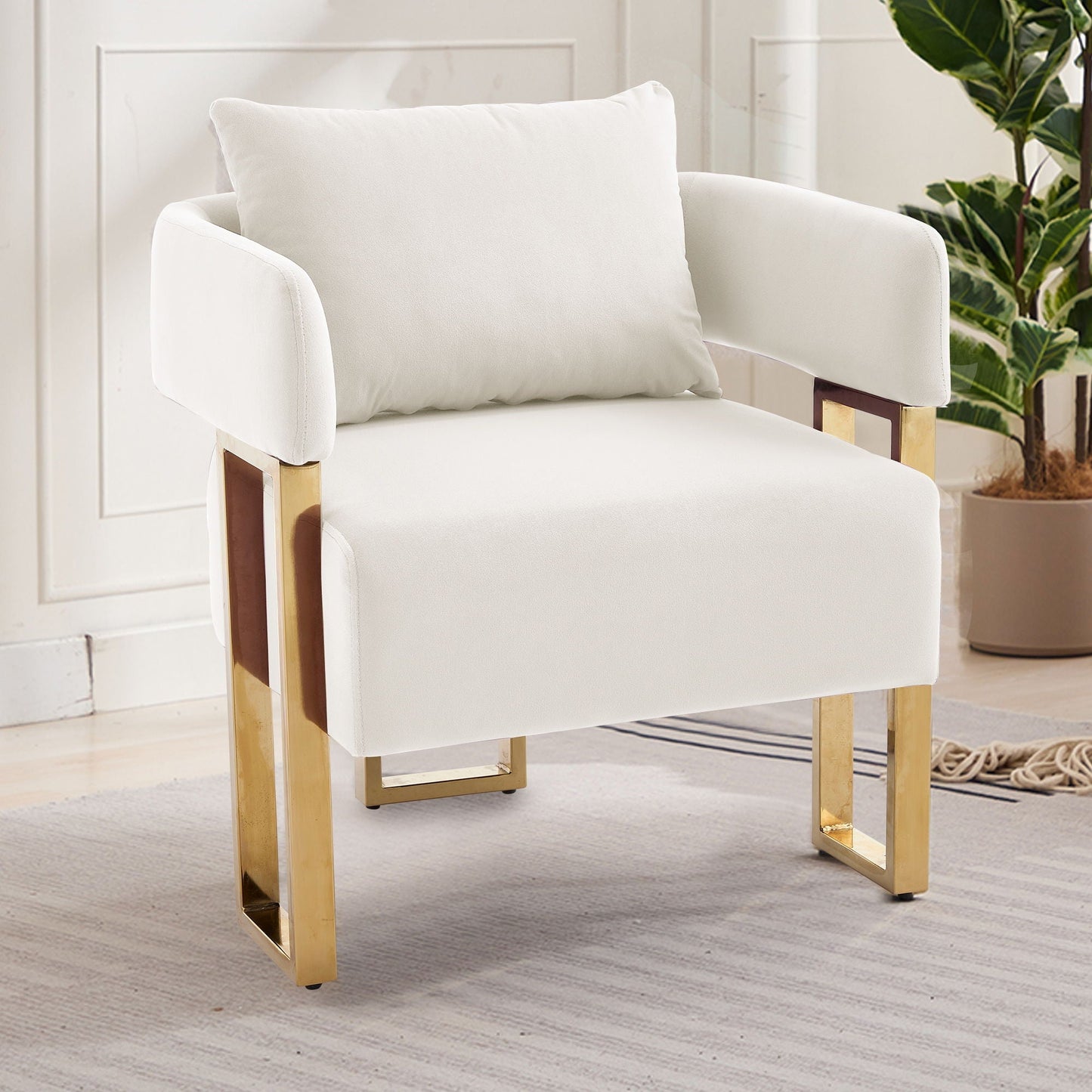 Modern Classic Decorative Chair with Teddy Fleece Upholstery, white fabric, gold metal legs on Tampa Home & Garden Store