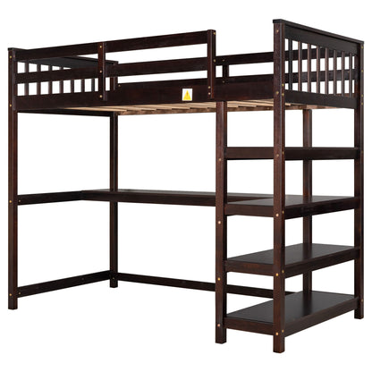 Loft bed with storage shelves and under-bed desk in dark brown wood finish by HouseOfZazla on Tampa Home & Garden Store