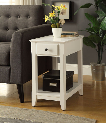 White Bertie Accent Table by HouseOfZazla with drawer and lower shelf beside gray sofa on Tampa Home & Garden Store