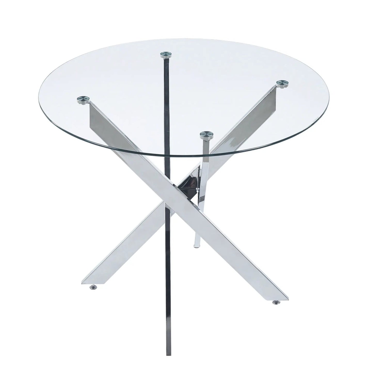 Round glass dining table with cross metal legs and central support, modern space saver on Tampa Home & Garden Store