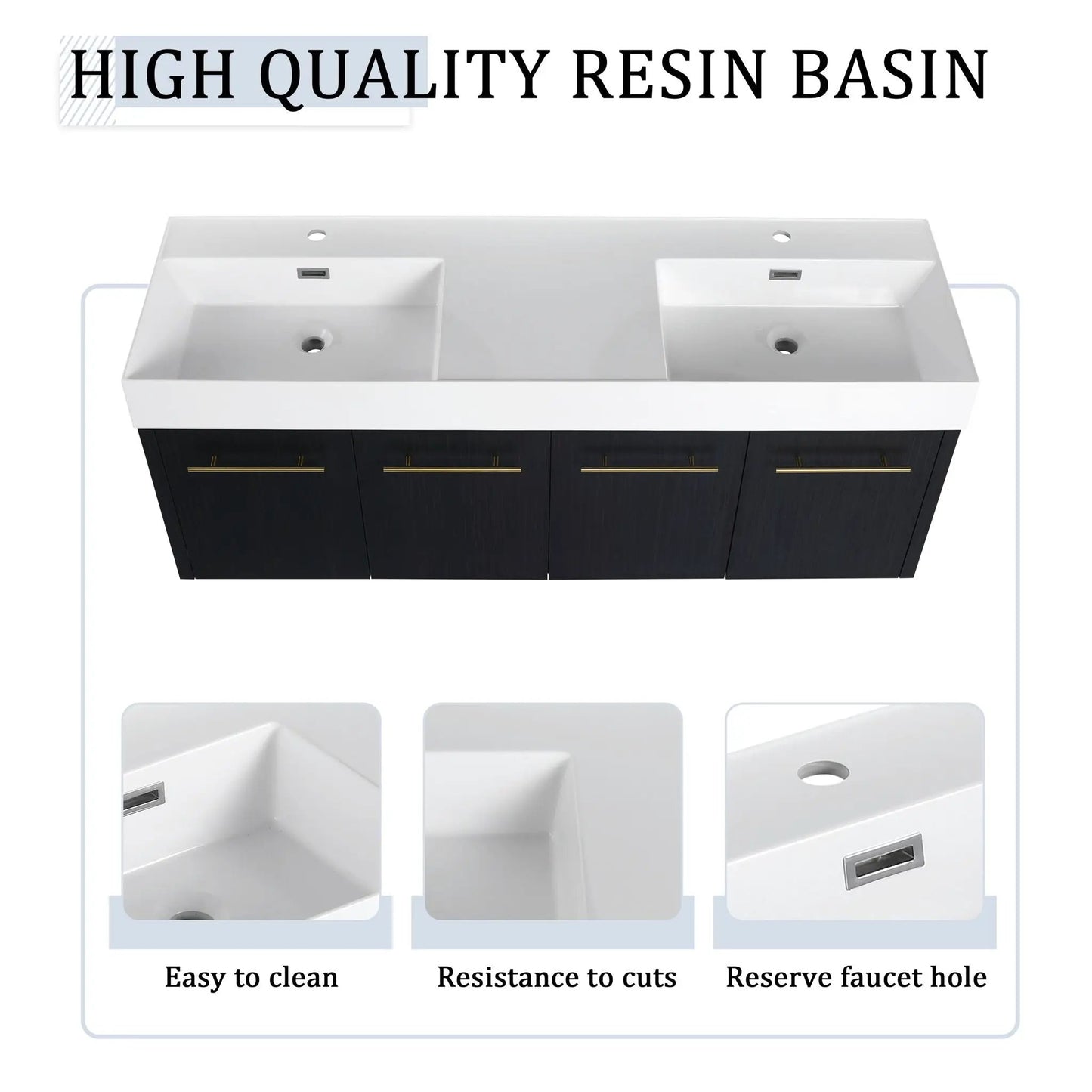 Modern Wall Mounted Vanity Resin Sink and Rack