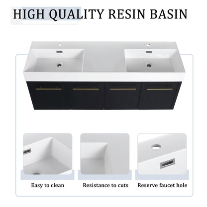 Modern wall mounted bathroom vanity with resin dual sinks and white top, dark wood base on Tampa Home & Garden Store