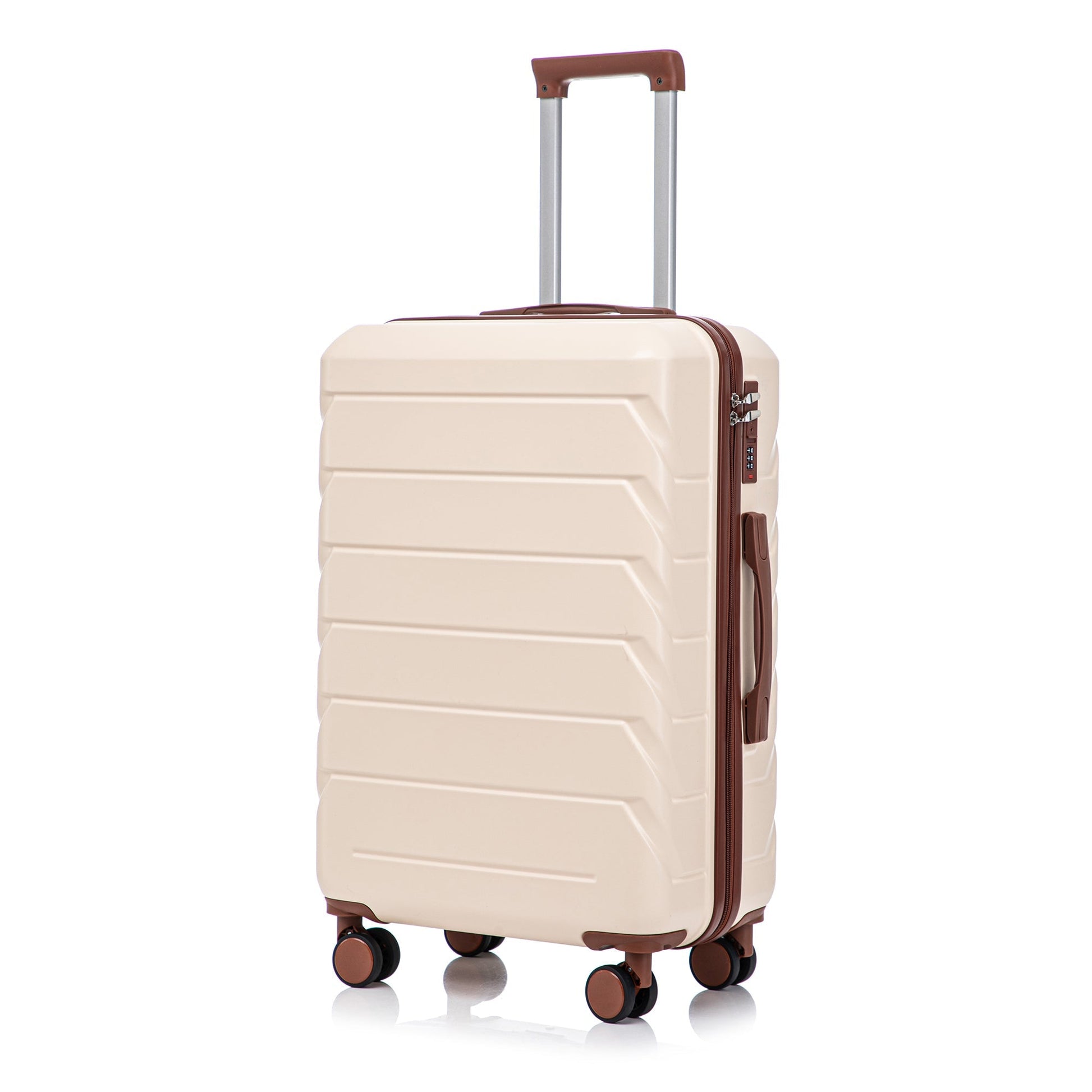 3-Piece beige ABS spinner luggage set 28in suitcase with brown trim and four spinner wheels on Tampa Home & Garden Store
