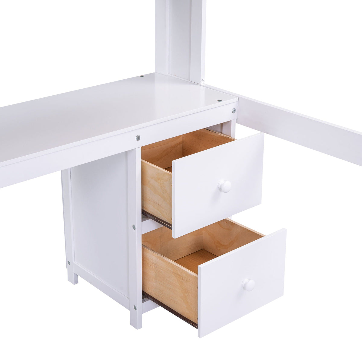 White loft bed with desk, cabinets and two wooden-interior drawers on Tampa Home & Garden Store