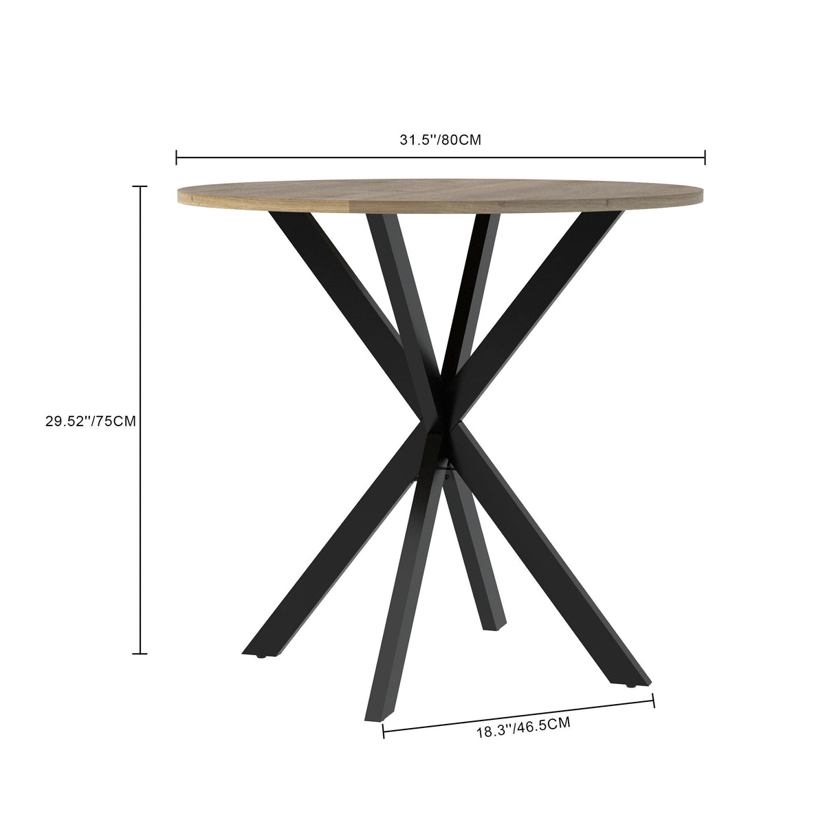 Round rustic brown dining table for 2-4 with black metal X-base, 31.5 in diameter on Tampa Home & Garden Store