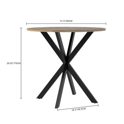 Round rustic brown dining table for 2-4 with black metal X-base, 31.5 in diameter on Tampa Home & Garden Store