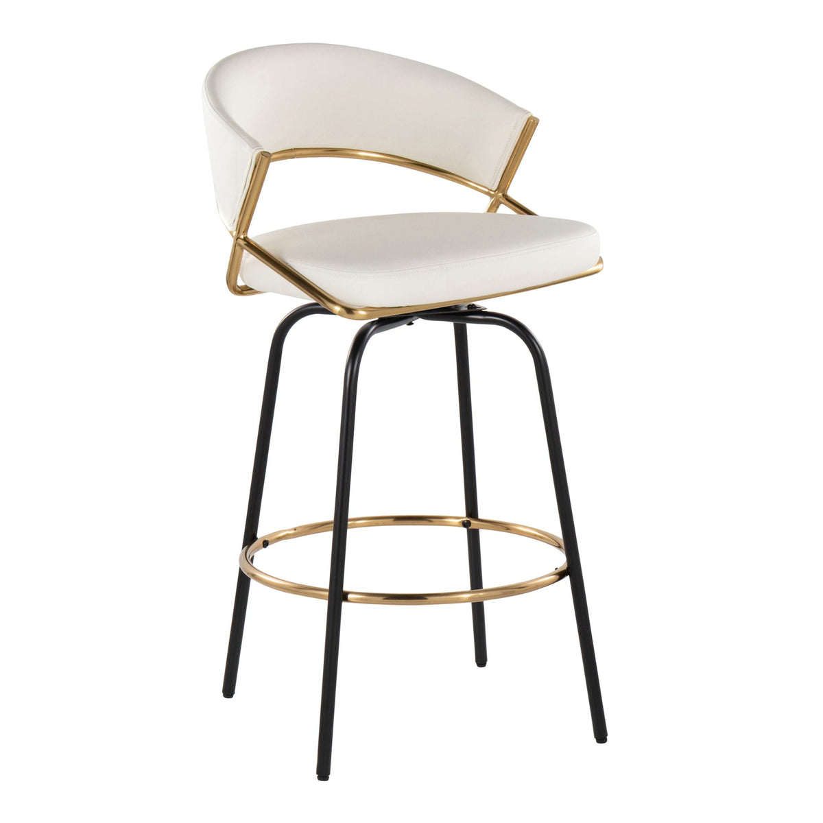 Jie fixed-height counter stools set of 2, white upholstery, gold frame, swivel footrest on Tampa Home & Garden Store