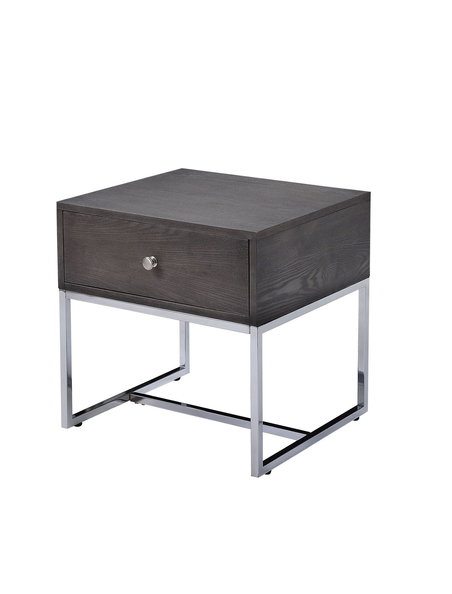 Iban End Table gray oak finish with chrome metal frame and single drawer on Tampa Home & Garden Store