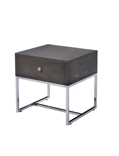 Iban End Table gray oak finish with chrome metal frame and single drawer on Tampa Home & Garden Store