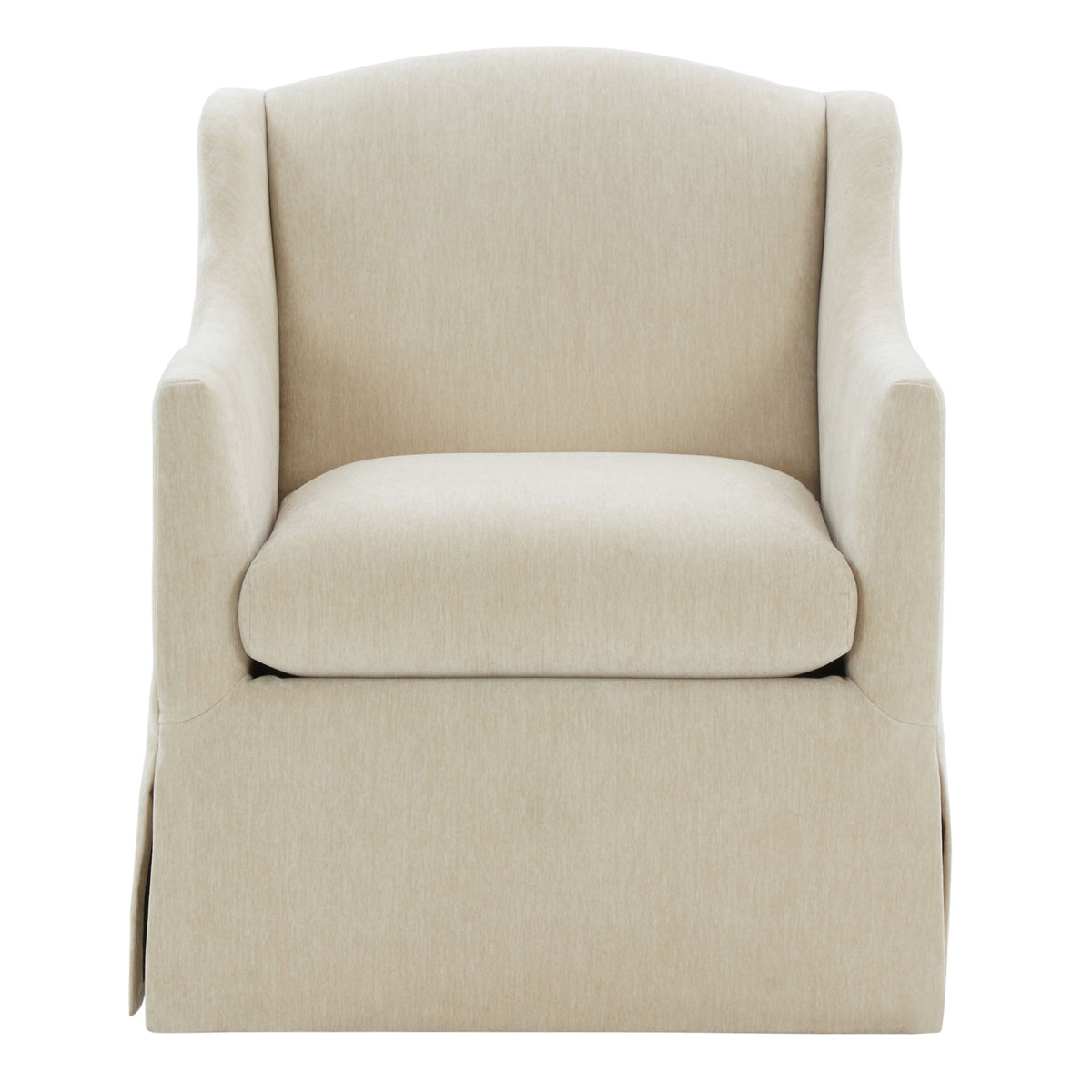 Beige skirted accent chair with rounded arms and soft fabric upholstery on Tampa Home & Garden Store