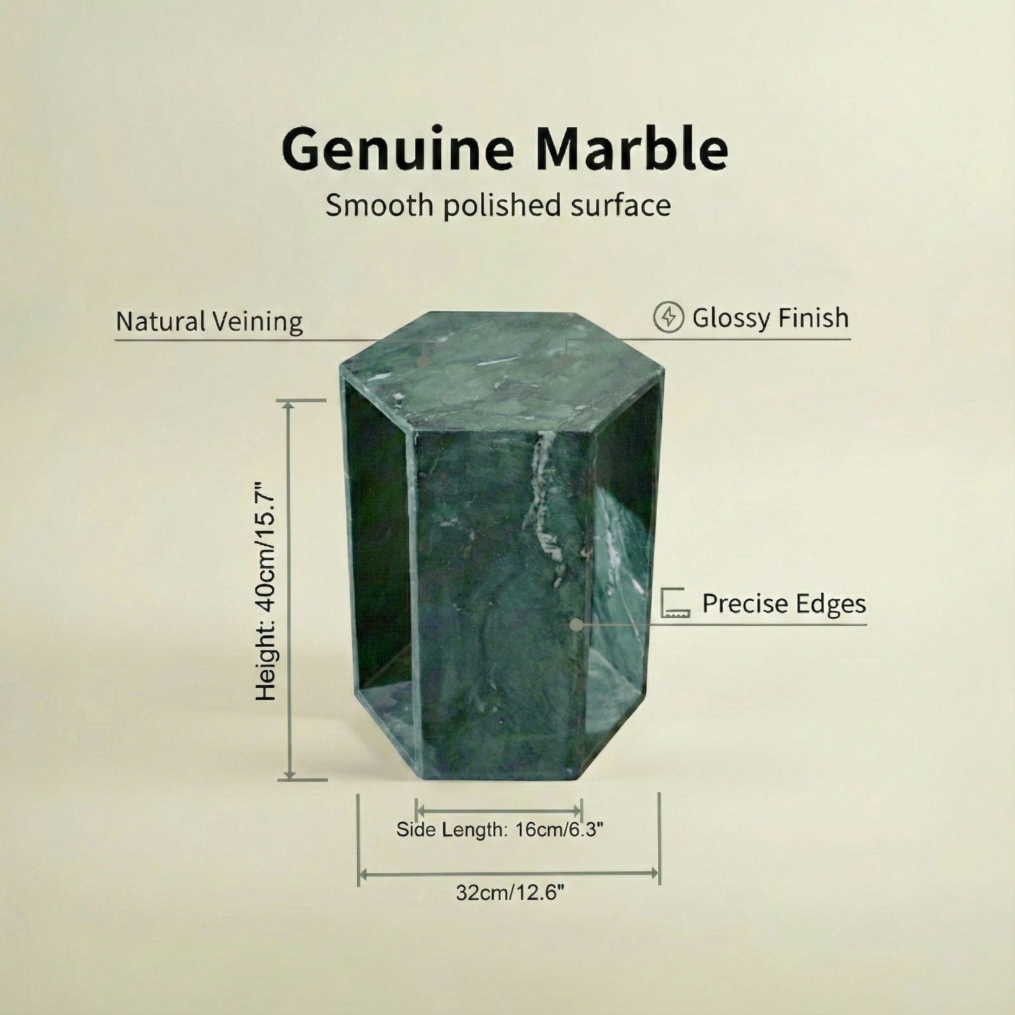 Modern Minimalist Hexagon Side Table in marble with veining and glossy finish by HouseOfZazla on Tampa Home & Garden Store