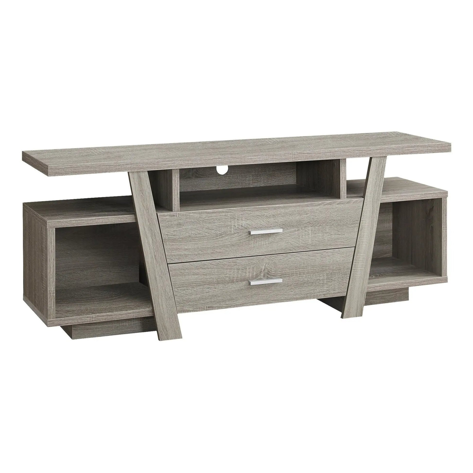 TV stand taupe woodgrain with open shelf and 2 storage drawers, contemporary console on Tampa Home & Garden Store