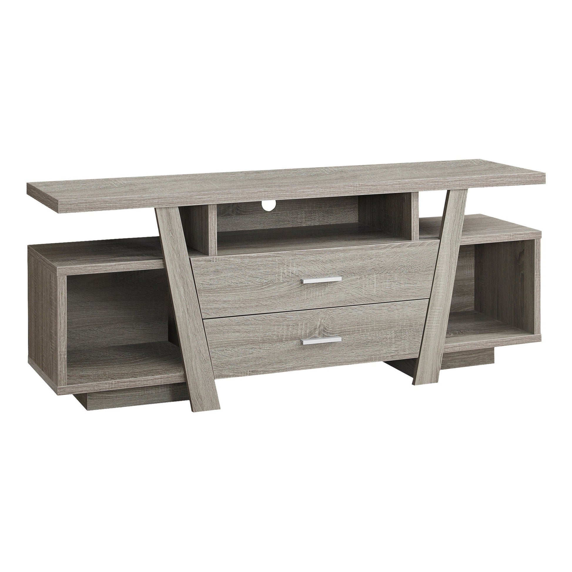 TV stand console in taupe wood finish with open middle shelf and two silver-handled drawers on Tampa Home & Garden Store