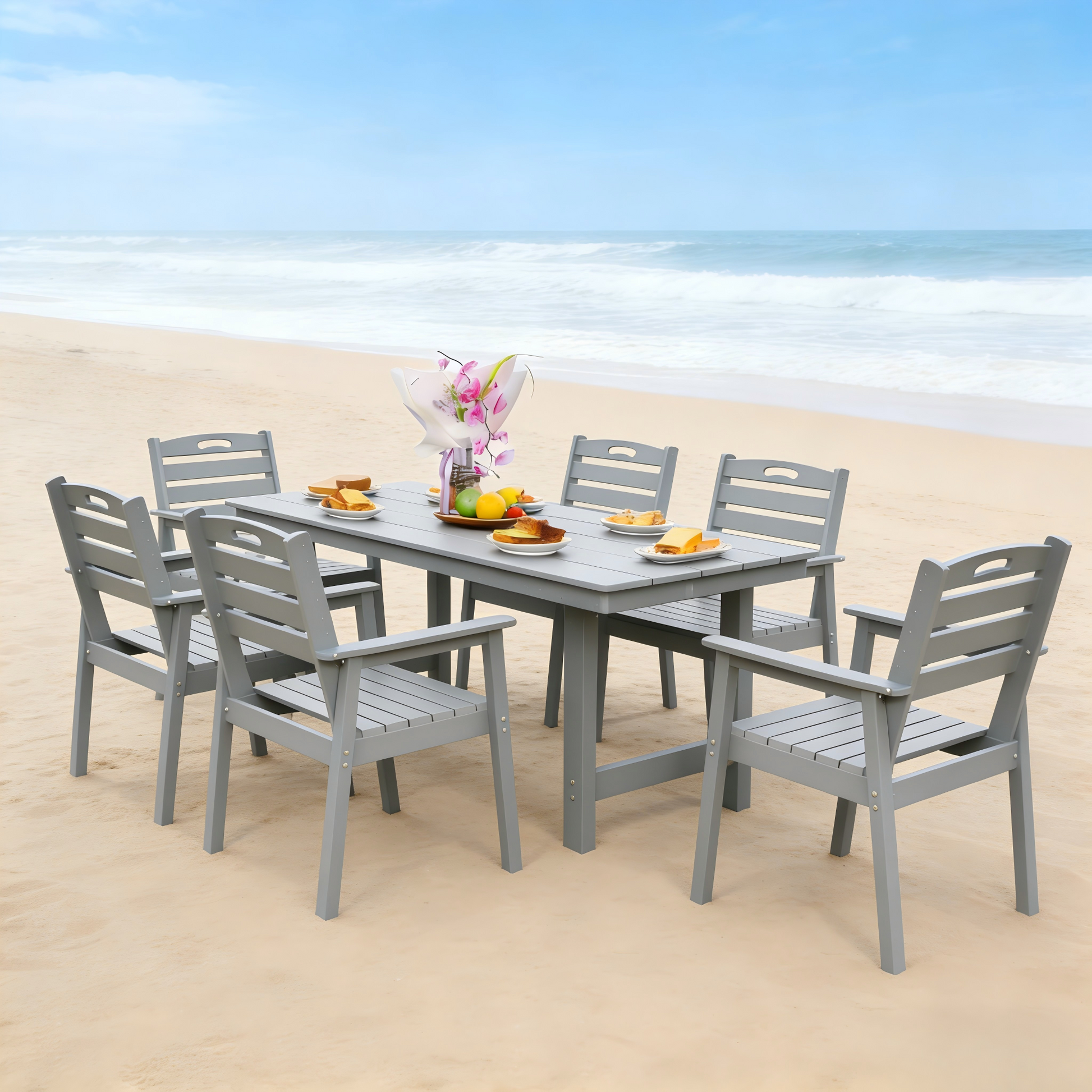 HDPE outdoor dining set with gray table and six chairs on a sandy beach on Tampa Home & Garden Store