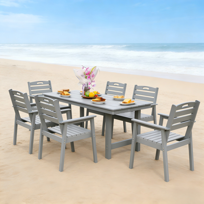 HDPE outdoor dining set with gray table and six chairs on a sandy beach on Tampa Home & Garden Store