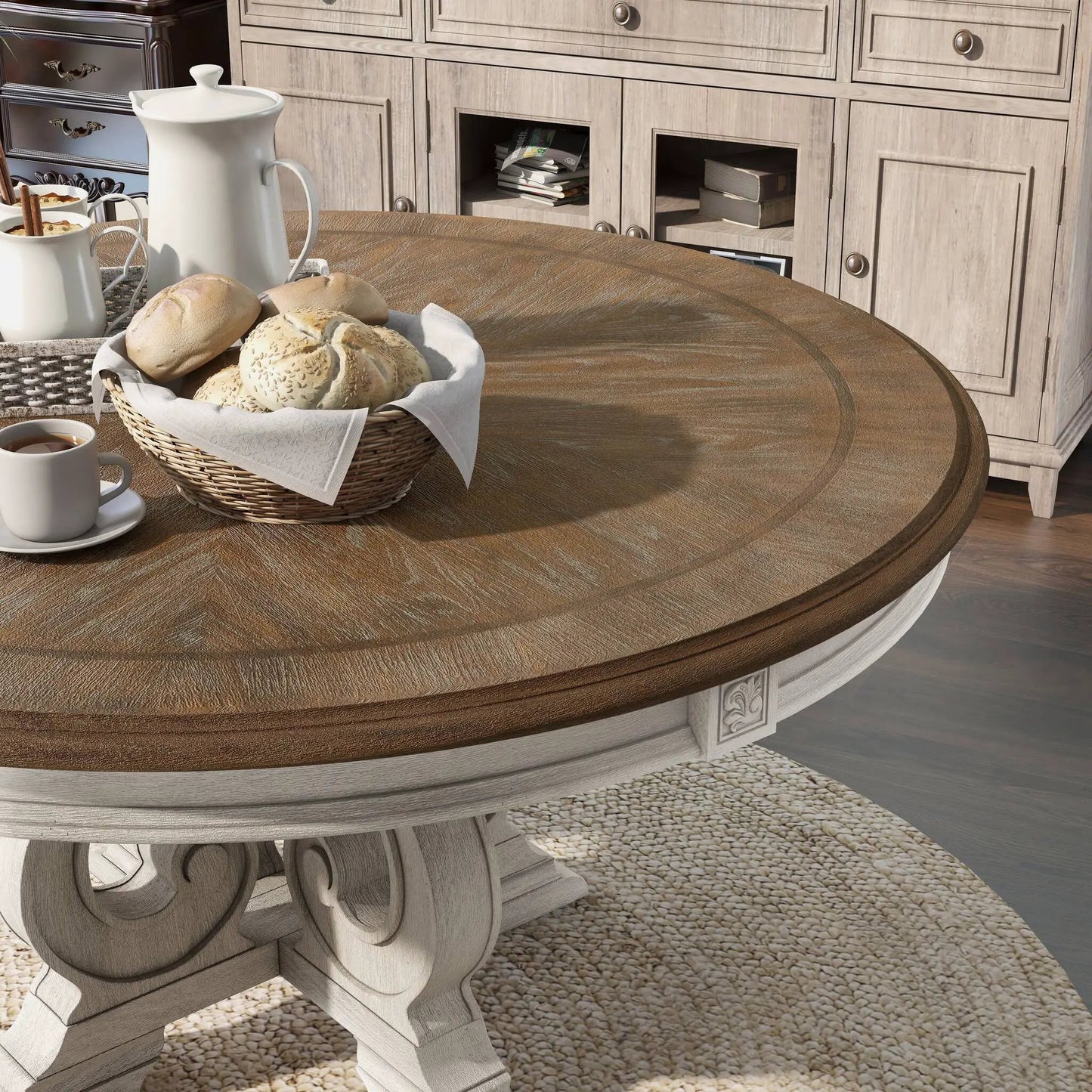 Elegant Dining Set Round Table And Side Chairs in light wood, Unique Piece Furniture 7-piece set on Tampa Home & Garden Store