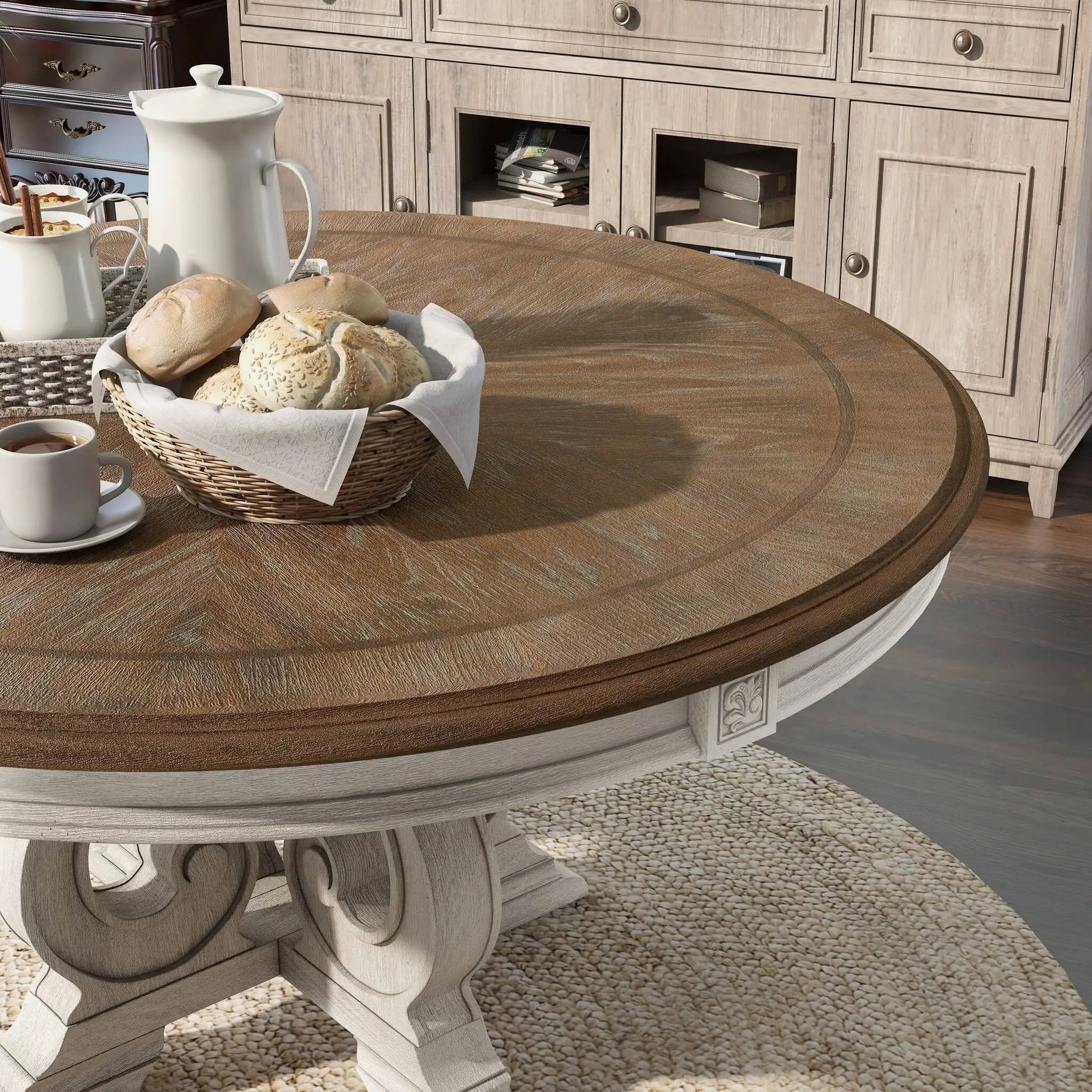 Elegant Dining Set Round Table And Side Chairs in light wood, Unique Piece Furniture 7-piece set on Tampa Home & Garden Store