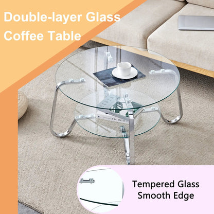 Double-layer glass coffee table with two round glass tiers and chrome legs in beige living room on Tampa Home & Garden Store