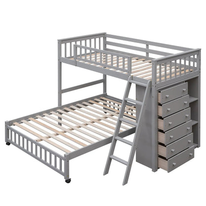 Bunk bed in grey with 6 side drawers, slatted top bunk, ladder, bottom bed on wheels on Tampa Home & Garden Store