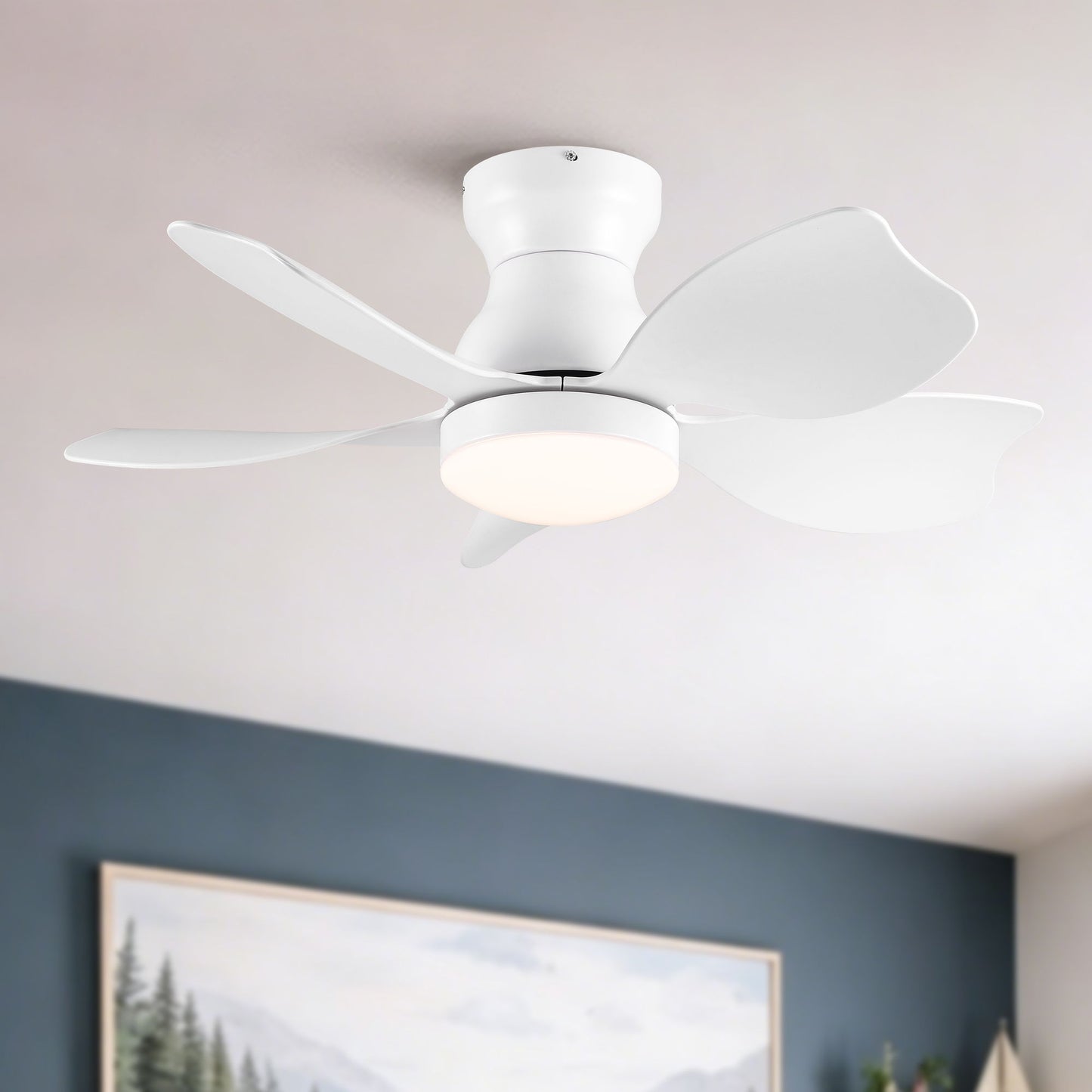 Low Profile Flush Mount Ceiling Fan With Light, white blades, frosted light ring, HouseOfZazla on Tampa Home & Garden Store