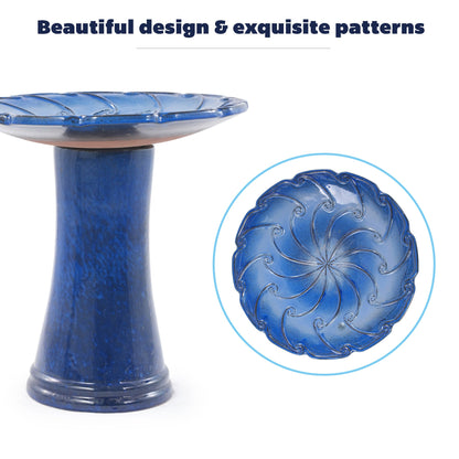 2-piece handmade glazed ceramic bird bath sapphire on blue pedestal by HouseOfZazla saucers on Tampa Home & Garden Store