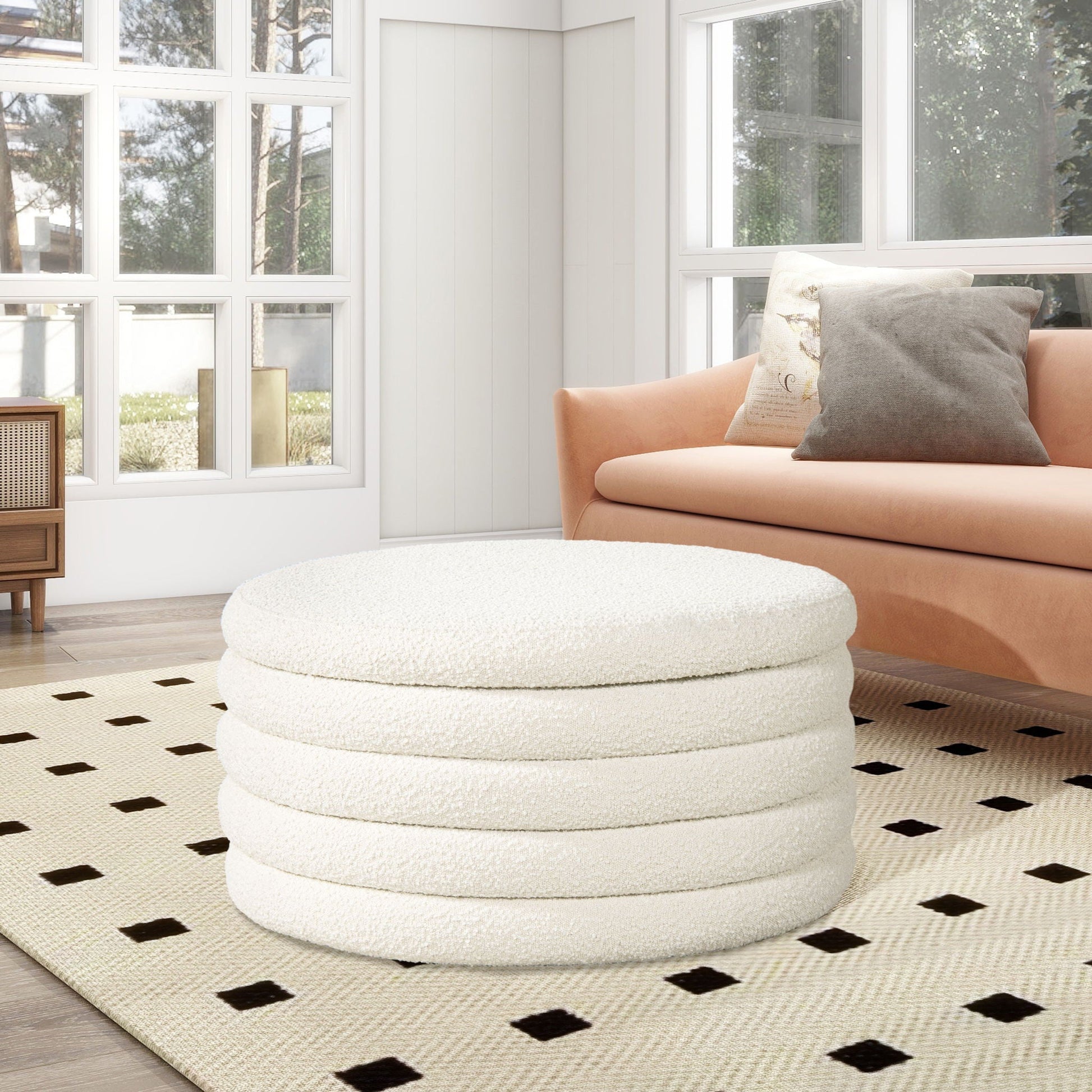 Fuji Oversized Round Storage Ottoman cream textured fabric; three-tier pouf design on Tampa Home & Garden Store