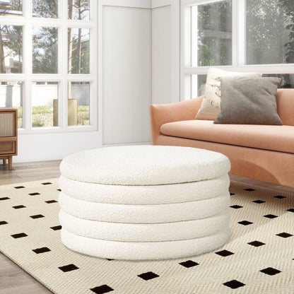 Fuji Oversized Round Storage Ottoman cream textured fabric; three-tier pouf design on Tampa Home & Garden Store