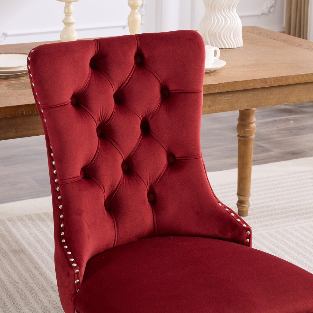 Set of 2 burgundy velvet dining chairs with tufted back and nailhead trim, solid wood legs on Tampa Home & Garden Store