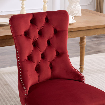 Set of 2 burgundy velvet dining chairs with tufted back and nailhead trim, solid wood legs on Tampa Home & Garden Store