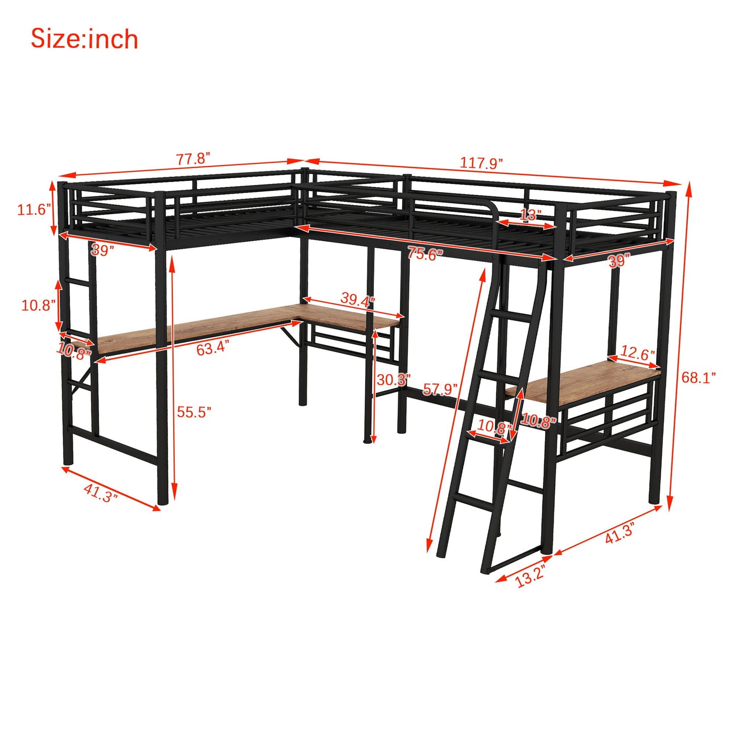 Twin Loft Bed with 2 Built-In Desks, Mission Style, black metal by HouseOfZazla on Tampa Home & Garden Store